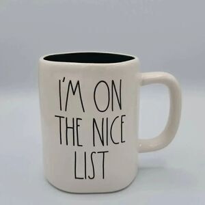 Rae Dunn Christmas double sided white and green mug I'M ON THE NICE LIST